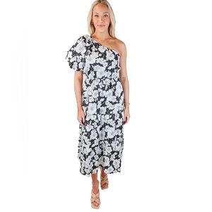 Hyacinth House Maureen One-Shoulder Floral Black and White Maxi Dress size XL